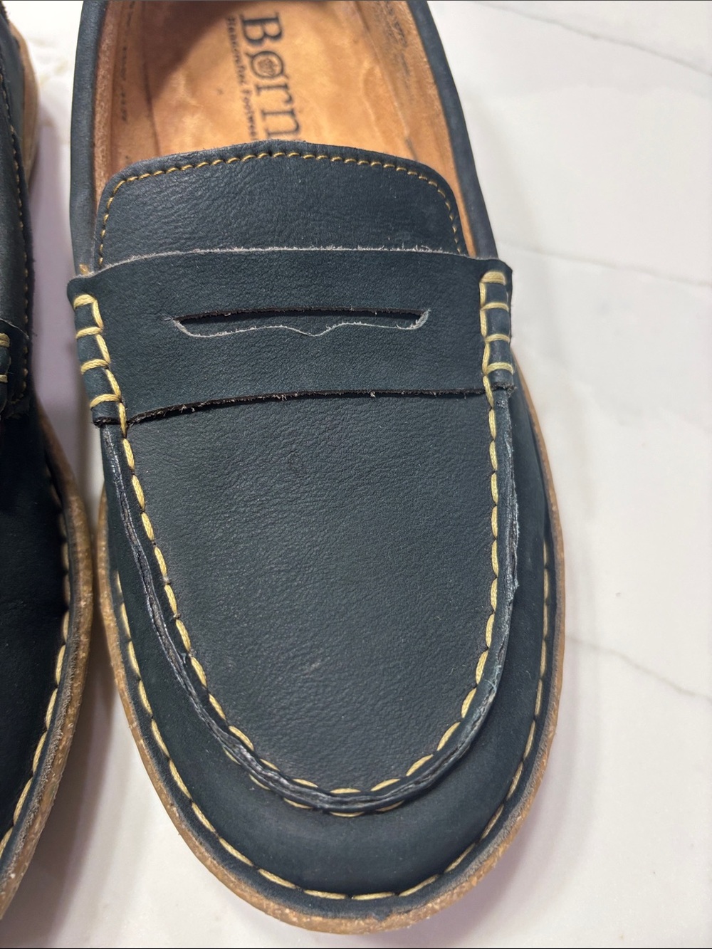Born NAVY BLUE Suede Penny Loafers with Contrast Stitching - Picture 3 of 15